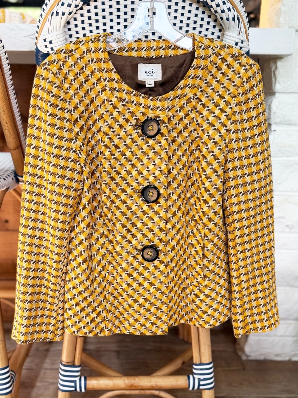 ECI New York Mustard Houndstooth Jacket Size M Cropped Wool Blend Statement Coat